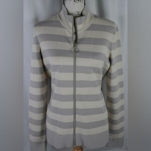 Akris Punto Cream and Gray Striped Wool Zip Front Cardigan / Jacket - US 12